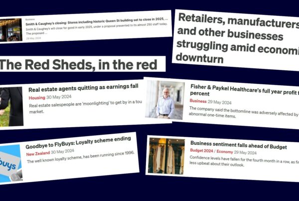 Multiple headlines of big businesses and small businesses struggling and closing down