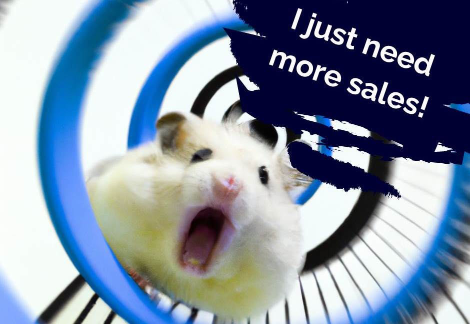 A hamster running out of control on a hamster wheel, yelling "I just need more sales!"