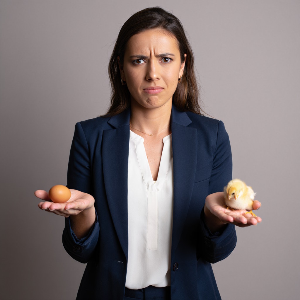 Business women holding an egg in one hand and a baby chicken in the other to represent the chicken and egg dilema of getting busines coaching when cashflow is tight
